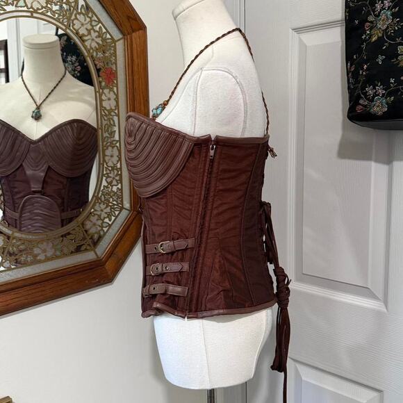 Charmian Metallic Brown & Faux Leather Steampunk Strapless Costume Corset Top - Picture 3 of 8